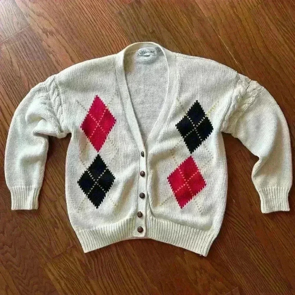 Vintage 90's Argyle Cardigan Sweater Shoulder Pads Country Club Prep size Large